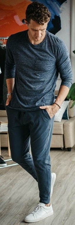 navy blue Non-Cuffed Jogger with greyish tshirt and white sneakers navy blue Non-Cuffed Jogger with greyish tshirt and white sneakers