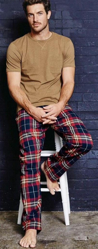 Plaid Flannel Pajamas with brown t-shirt for lounge wear Plaid Flannel Pajamas with brown t-shirt for lounge wear