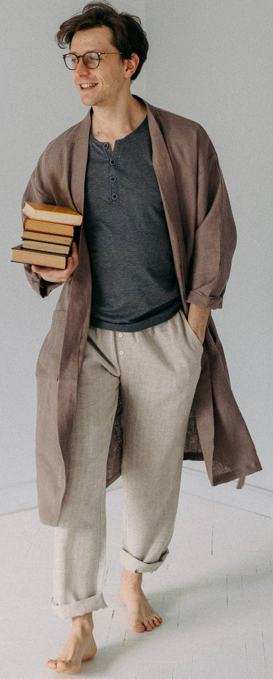 Soft Robes and Kimonos with cream pants and grey tshirt for lounge wear Soft Robes and Kimonos with cream pants and grey tshirt for lounge wear