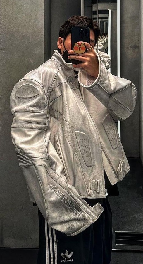 Balenciaga Classic Biker Jacket in shiny white color being one of the must-have products to own Balenciaga Classic Biker Jacket in shiny white color being one of the must-have products to own