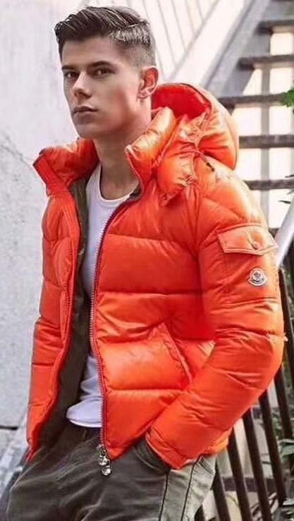 Hooded Puffer Jacket in orange color with white vested top Hooded Puffer Jacket in orange color with white vested top