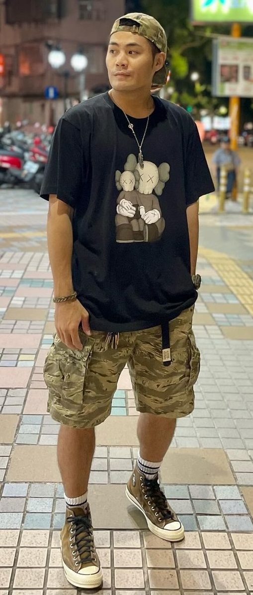 a black top and an animal printed shorts, accessorized with a locket, cap and a bracelet. Completed the look with - Converse a black top and an animal printed shorts, accessorized with a locket, cap and a bracelet. Completed the look with - Converse