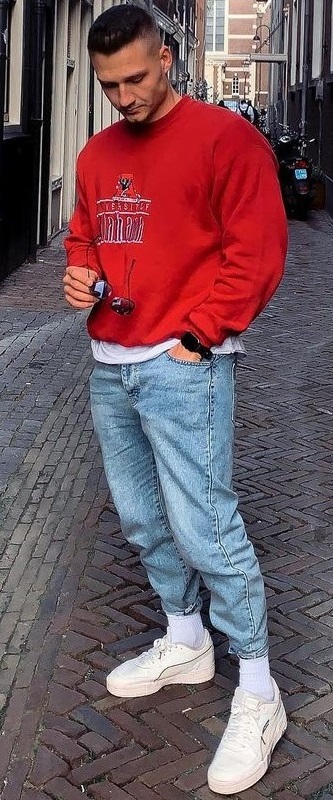 blue denims with a red sweatshirt with a sneaker brand - Puma blue denims with a red sweatshirt with a sneaker brand - Puma
