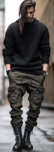 street style cargo pant with black full-sleeved tshirt accessorized with a watch and wearing boots street style cargo pant with black full-sleeved tshirt accessorized with a watch and wearing boots