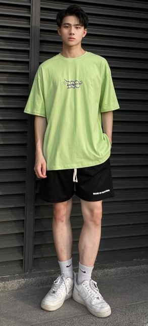 Minimalism with green tee and short Minimalism with green tee and short