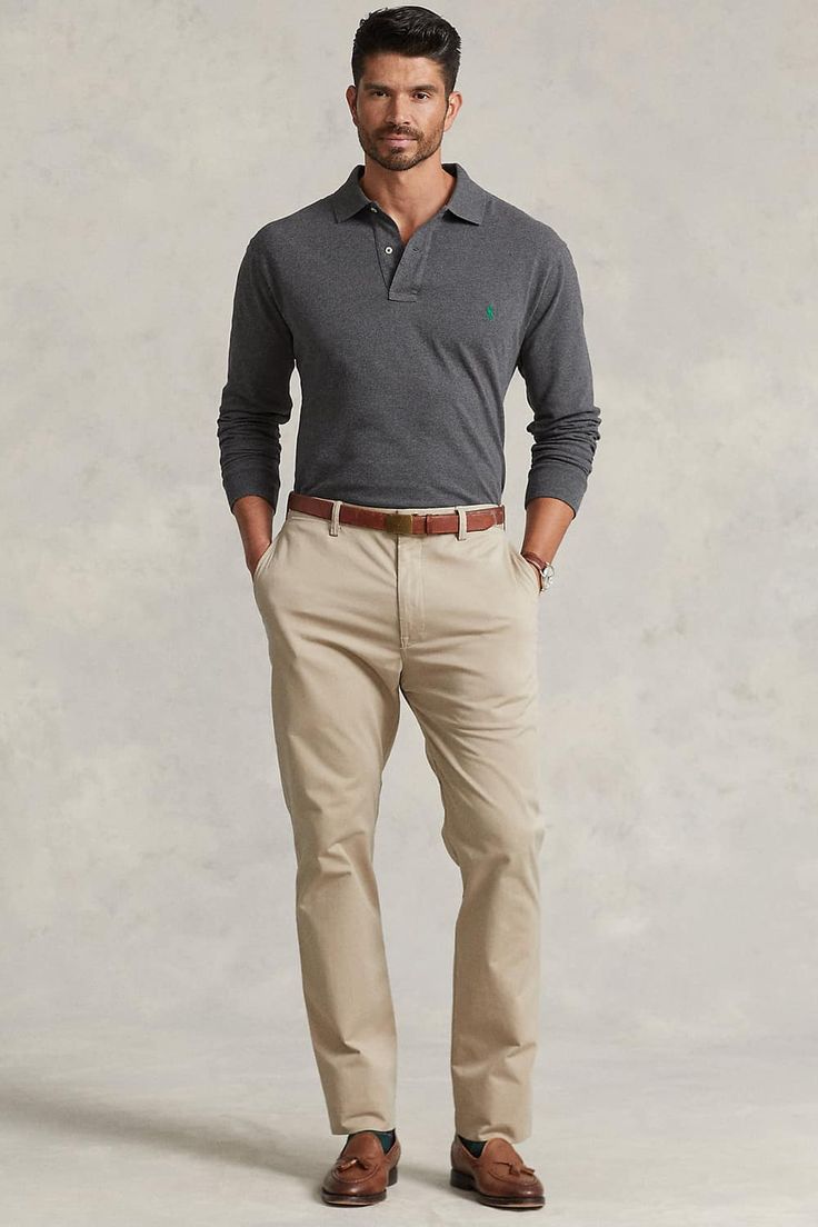 Khaki Pants, Long Sleeve Knitted Grey Polo Shirt Khaki Pants, Long Sleeve Knitted Grey Polo Shirt