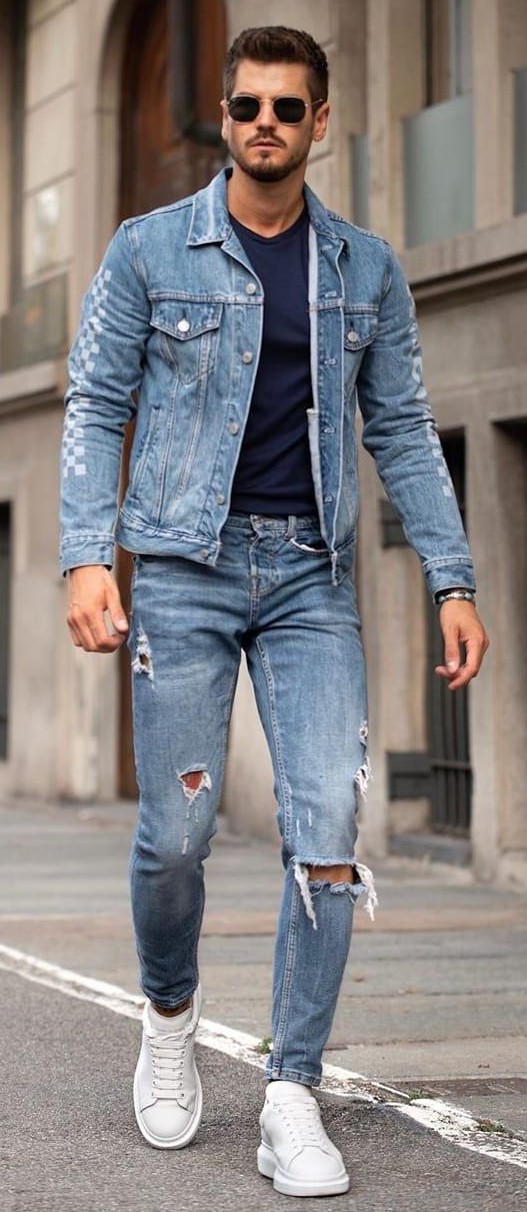 Distressed Jeans paired a Light Wash Denim Jacket Distressed Jeans paired a Light Wash Denim Jacket