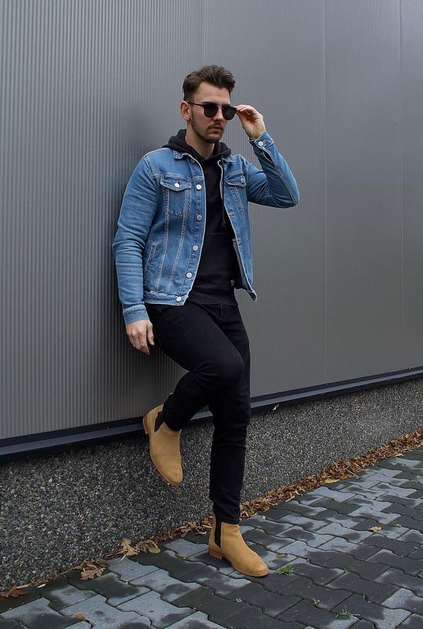 Brown Chelsea Boots with Black Jeans and Hoodie, Jacket Brown Chelsea Boots with Black Jeans and Hoodie, Jacket