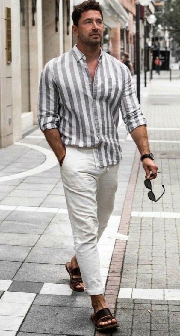 Leather Sandals and Linen Pants with Printed Shirt Leather Sandals and Linen Pants with Printed Shirt